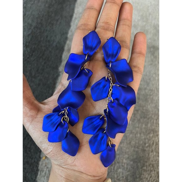 Royal blue earrings petal blue flower, long blue , blue wedding earrings large - Picture 1 of 9
